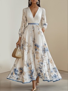 Abito Lungo Floreale da Donna con Scollo a V, Maniche Lunghe, Cintura, Elegante per Feste, Stile <span class=keywords><strong>Boho</strong></span> <span class=keywords><strong>Chic</strong></span> - Product Image 3