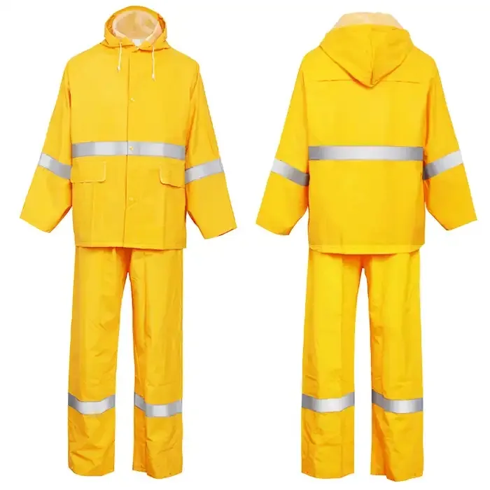 ชุดกันฝน PVC เพื่อความปลอดภัยสำหรับงานหนักกันน้ำเสื้อกันฝนสีเหลืองกางเกงแจ็คเก็ตกันฝนกลางแจ้ง