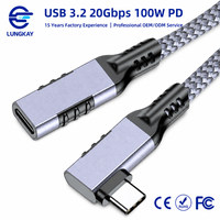 Câble d'extension USB 3.2 Type-C LUNG KAY OEM 20 Gbit/s 100 W PD, cordon tressé mâle-femelle à 90 degrés pour MacBook Pro SSD