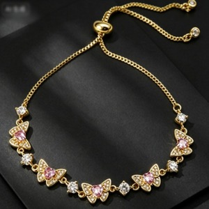 Dainty Adjustable Heart Pink Cubic Zirconia Butterfly <b>Bracelet</b> 18K Gold Plated Pull Chain Daily Wear Jewelry Bulk - Product Image 4
