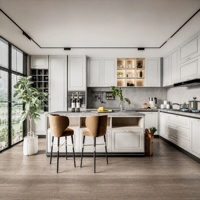 Vitrine de cuisine en verre avec porte à panneaux, poignées en laiton et îlot aspect marbre pour projet hôtelier
