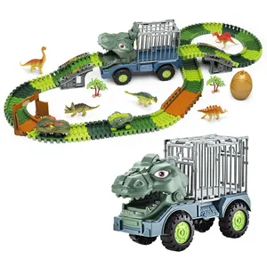 DIY Assemble Electric Dinosaur Track Car With Lights Dinosaur Theme Scene Rail Slot Toys Dinosaur Vehicles For Kids