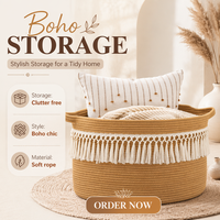 Panier de rangement en macramé bohème en corde de coton avec franges, panier rond tissé pour couverture, pour la crèche, la buanderie, la décoration intérieure