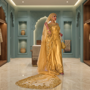 Robe de bal spéciale en satin doré, brodée, avec traîne chapelle, sans manches, col bateau, dos nu, écologique, 100% coton, longueur ras du sol - Product Image 2