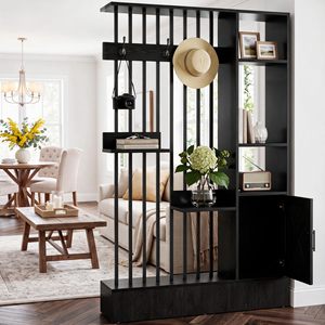 SENYU Meuble d'entrée moderne en bois noir avec crochets à lattes verticales et étagère de rangement à portes battantes style Shaker - Product Image 2