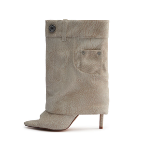 Botines de Mujer con Punta Abierta en Piel Texturizada Beige, con Tacón Alto y Detalle de Mezclilla, <span class=keywords><strong>Botas</strong></span> Modernas y Elegantes - Product Image 1