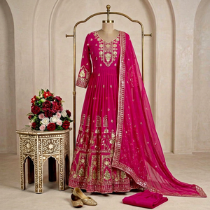 Robe Anarkali en rayonne brodée rose avec dupatta, longueur ras du sol, tenue traditionnelle indienne et pakistanaise pour femmes, robe de mariage - Product Image 1