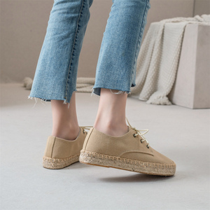 Zapatos planos beige para mujer, zapatos de lona con punta cerrada, alpargatas con cordones de tela, plataforma trenzada, calzado informal de verano - Product Image 4