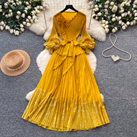 Robe longue élégante de style français pour femme, col en V, manches lanternes, taille froncée, plissée, coupe trapèze, pour le printemps