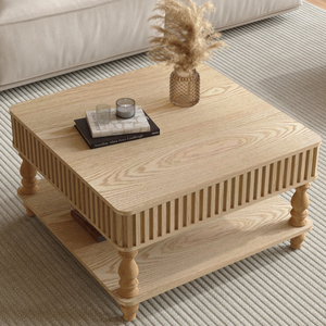 Square Fluted Lift Top Coffee Table 31.5 Inch Hydraulic Raise Retro Wood Legs Hidden <b>Open</b> <b>Storage</b> - Product Image 4