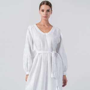 Tùy Chỉnh Phụ Nữ Thời Trang Giản Dị Cộng Với Kích Thước Dài Tay Áo Lỏng Lẻo Vành Đai Trắng <span class=keywords><strong>Linen</strong></span> Trắng Thêu Ăn Mặc - Product Image 3