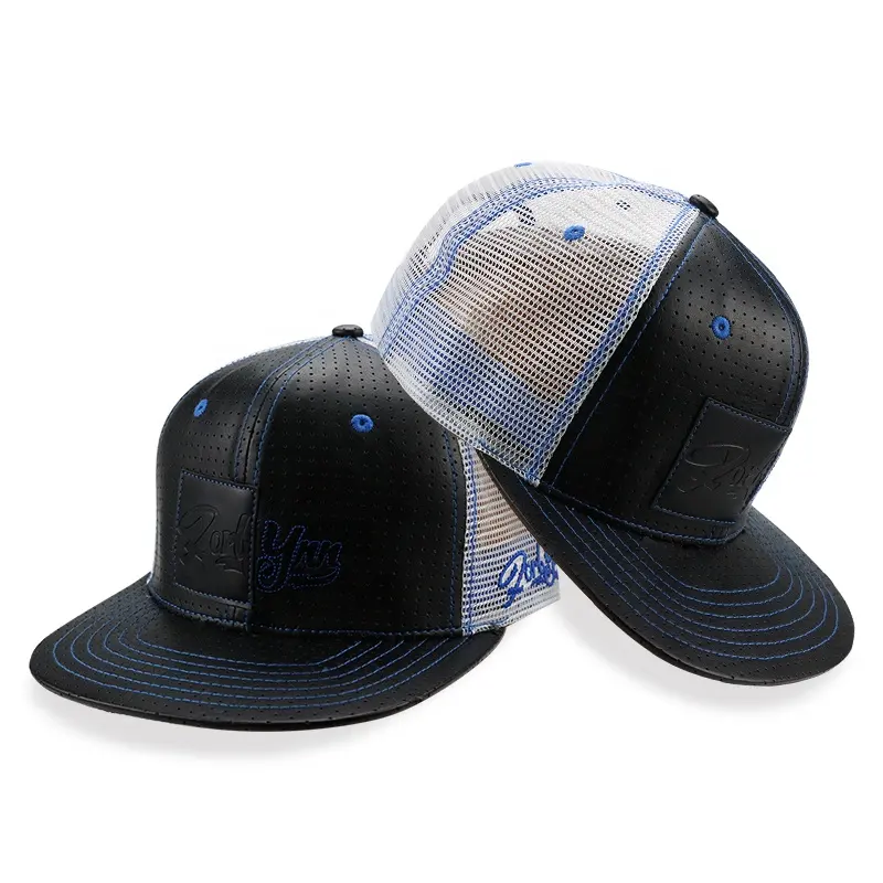 Different Types of Custom PU Leather Flat Embroidered Trucker Snap Back Caps Custom Hats for Men and Women