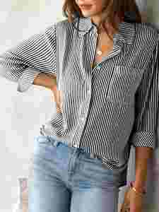 Spring Summer Polo-neck <b>Striped</b> Printed Blouse Female <b>Long</b> <b>Sleeve</b> Loose Casual Fashion All-match <b>Top</b> <b>Women</b> Vintage Elegant Shirt - Product Image 3