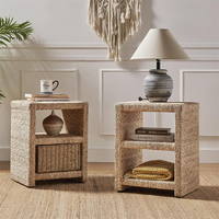 Table de chevet en jonc de mer naturel tressé à 2 niveaux avec rangement ouvert, table d'appoint en rotin avec tiroir pour salon et chambre à coucher