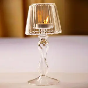 Atacado elegante suporte da lâmpada-Castiçal de vidro transparente, castiçal de vidro transparente e barato com suporte de vela