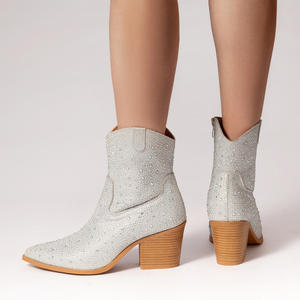 Botas Chelsea de tacón grueso brillante con diamantes de imitación para mujer, botas cortas al tobillo con cremallera lateral Vintage para mujer, <span class=keywords><strong>calzado</strong></span> de mujer - Product Image 5