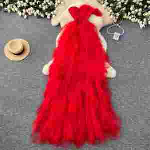 Robe Midi Décontractée Sexy sans Bretelles pour Femme, sans Manches, Coupe Empire, Volants en Maille, Vestidos Rouge Noir Blanc - Product Image 1