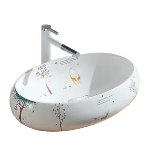Pia de banheiro em cerâmica KD-03DBK Grace, pia de bancada para banheiro, estilo moderno, oval, com desenho colorido, ideal para banheiros