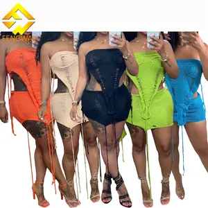 2024 New Arrivals Ripped Knit Women's Skirt Sets Strapless Crop Top And Mini Skirt Summer Crochet Beach Wear Suit