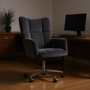 Chaise de bureau en velours gris foncé, base en métal, pivotante, réglage manuel, design contemporain - Product Image 2