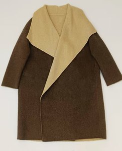 Manteau long en laine pour femme, double couleur, col en V avec ceinture, OEM et ODM - Product Image 1