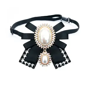 Customized handmade collar bowknot with pearl strass women clothes elastic strap ribbon bow tie