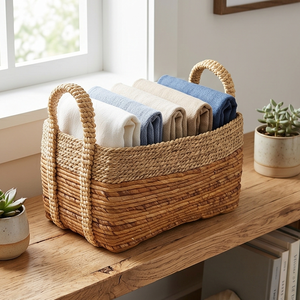 Handwoven <b>Rectangular</b> Two-Tone Seagrass <b>Storage</b> <b>Basket</b> with Handles, Natural Wicker Organizer Bin for Shelf and Living Room - Product Image 4
