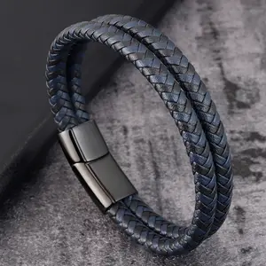 Moda minimalista alta calidad personalizado Acero inoxidable Cierre magnético doble capa negro y azul pulsera de cuero