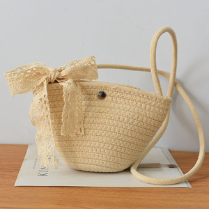 Straw Bucket Bag Cylindrical Crossbody Shoulder Bag With Lace Bow Beach Casual Women's <b>Small</b> Portable Spring 2023 - Product Image 2