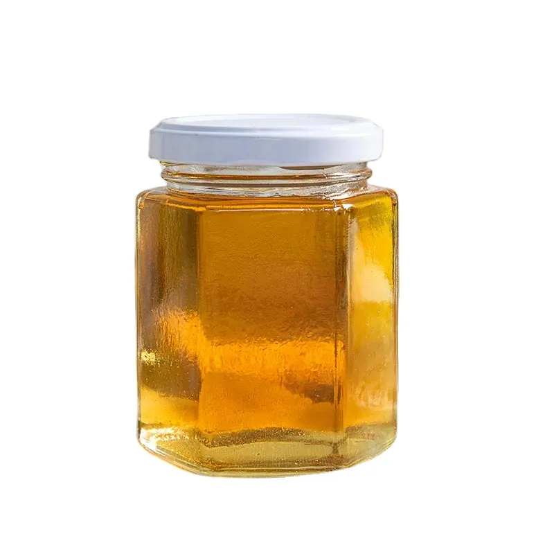 Pot à miel en verre hexagonale, récipients pour le miel d'abeille avec bouchon à vis en métal, prix d'usine, ml