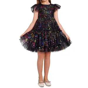 Princess Tulle Tutu Dress Flutter Sleeves Star Glitters Rainbow Birthday Party Pageant Kids Summer Dresses