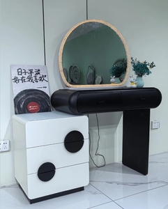 Wholesale Simple Style Bedroom Dressing Furniture LED Round Mirror Makeup <b>Vanity</b> Desk With Storage Drawers And Stool - Product Image 2
