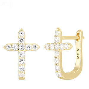 Boucles d'oreilles croix en argent sterling S925 minimaliste, version cuivre personnalisable, zircone taille ronde, or 14 carats pour femmes - Product Image 1