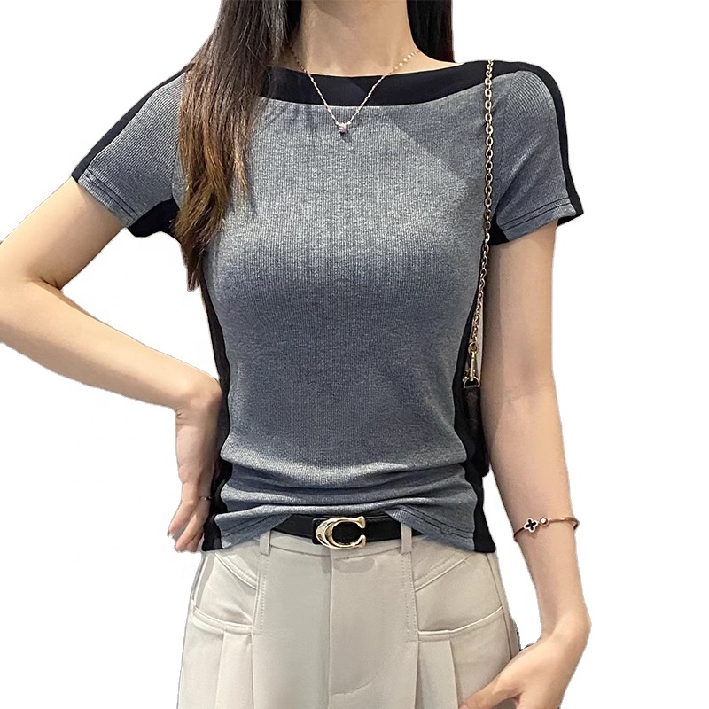 Custom Color Block Women's Slim-Fit Crew Neck One Shoulder Short Sleeve Casual Breathable T-Shirt Logo Embellishment