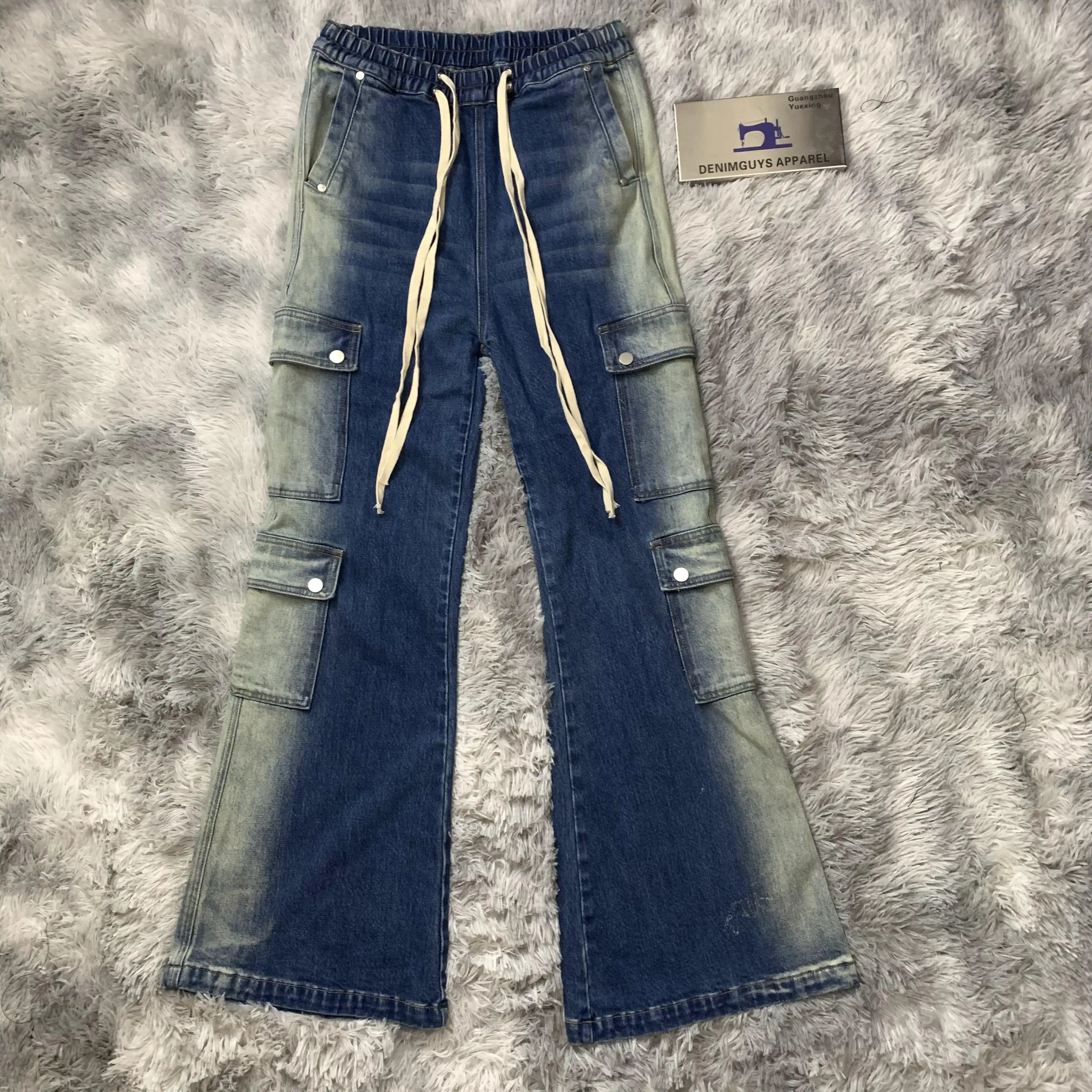 DENIMGUYS Hip Hop degrade renk erkekler Denim Bootcut pantolon erkek geniş bacak İpli gevşek çok cepler Vintage alevlendi kot