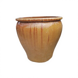 Ensemble de pots de fleurs modernes en céramique émaillée pour l'extérieur, jardinières circulaires robustes, finition goutte à goutte vert-brun, pour usage en jardin - Product Image 2
