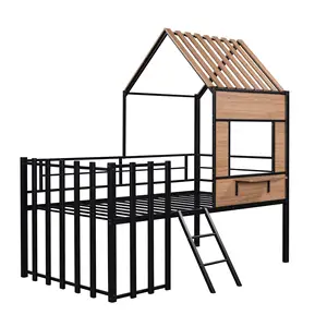 儿童房床双人床低阁楼床，带屋顶金属阁楼床架，带窗户护栏梯子