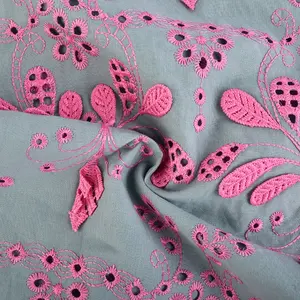 Manufacturer 100% Cotton Voile Border Embroidered Pink Eyelet Floral Cotton Embroidery Fabric For Women Garment