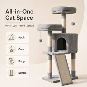 Arbre à <span class=keywords><strong>chat</strong></span> multi-niveaux en bois avec quatre poteaux à gratter en sisal, deux niches, balles suspendues, carton personnalisé pour grands chats, OEM - Product Image 4