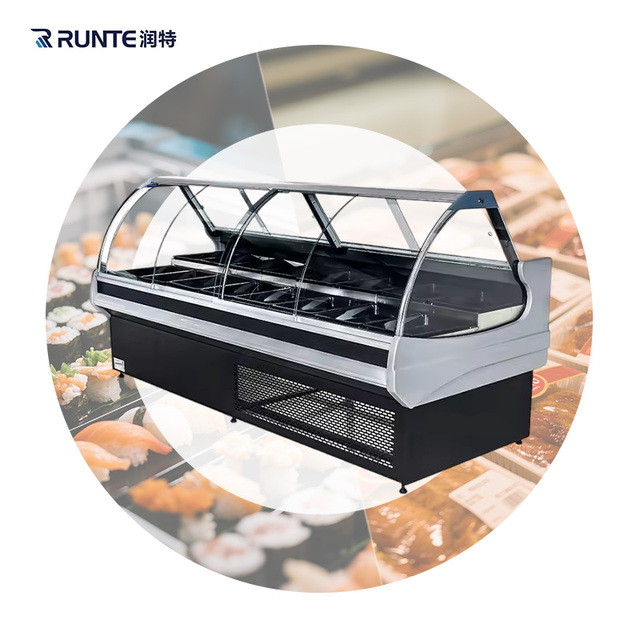 Curved Glass Deli Display Case Refrigerator Chilled Showcase for Meat Cheese Seafood Food Service Counter Commercial Use