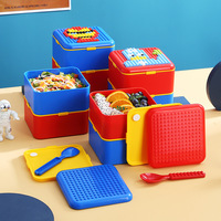 Boîte à lunch pour enfants de style blocs de construction créatifs, 2 étages, étanche, compatible micro-ondes, en PP de qualité alimentaire, avec ustensiles pour l'école