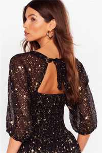 2023 Ladies Black <strong>Star</strong> Print Mesh Square Collar Puff Sleeves Smocked Long Slit Maxi <strong>Dress</strong> for Party - Product Image 5