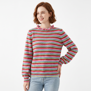 Pull en maille décontracté à manches longues pour femme, à rayures d'automne personnalisées, anti-rides, 5GG, col rond en mohair - Product Image 1