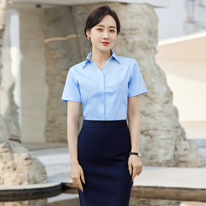 Women's Blue Short Sleeve Shirt Solid Color Bamboo Fiber Office Wear V807 - Product Image 1