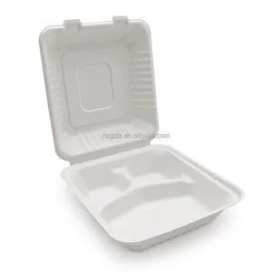 LuzhouPack Factory Direct 1000ml 8" 3 Compartment Eco Friendly Bagasse Compostable Biodegradable Disposable Food Container Paper