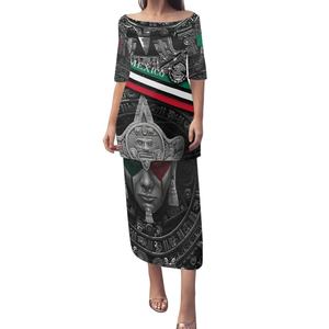 Haute qualité respirant <span class=keywords><strong>aztèque</strong></span> mexique <span class=keywords><strong>tatouage</strong></span> robes de soirée femmes dame élégant personnalisé mexicain été 2 pièces ensemble robe de soirée - Product Image 3
