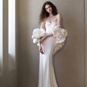 Hiện Đại Ngọc Trai Tự Nhiên Nàng Tiên Cá Tầng Chiều Dài Thai Sản Đám Cưới Strapless Ngà Satin Bridal Gowns Boho Cô Dâu Tiếp Tân Dubai Saudi - Product Image 1