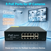 Switch PoE Gigabit de 10 Puertos y 1000Mbps, 8 Puertos PoE, 2 Puertos Uplink, 120W, Fuente de Alimentación Integrada, Modo de Funcionamiento Dual, Carcasa Metálica para Cámara IP y Punto de Acceso