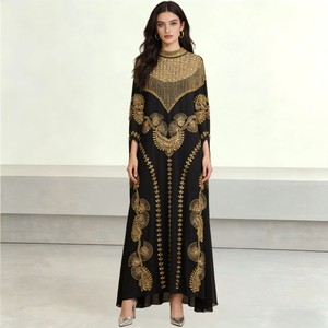 Abaya di Lusso Ricamata in Oro Stile Dubai per Donne Musulmane 2026 Nuovo Abito Kaftan Modesto per Eid Ramadan Matrimonio Vestito Lungo con Perline ODM - Product Image 1