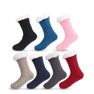 Q31050 Women Indoor Home Non Slip Knitted floow sock shoes Thick Fleece Lined Winter Soft Fluffy Slipper Socks